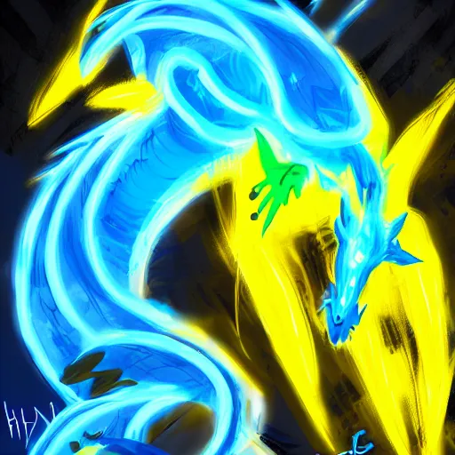 Image similar to illustration neon blue and yellow super cool dragon. trending on art station