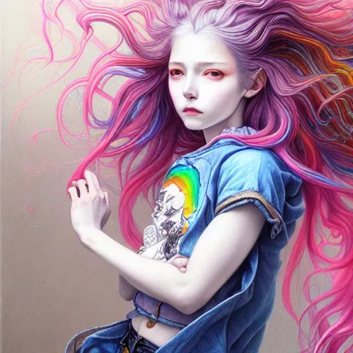 Image similar to a portrait of girl with rainbow hair white shirt, denim shorts, an ultrafine detailed painting by ayami kojima, cgsociety, fantasy, anime digital art, lovecraftian, cosmic horror, detailed painting