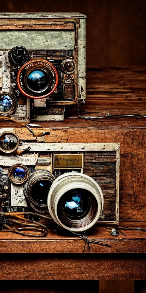 Image similar to A photo of a very old opened device with a camera lens, vacuum tubes, film, capacitors and coils inside, on an old wooden table by Annie Lebovitz, Laura Letinsky and Steve McCurry, grungy, weathered Ultra detailed, hyper realistic, 4k