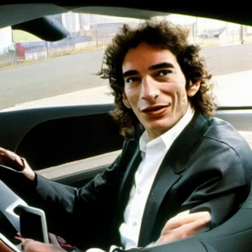 Prompt: photo of Ayrton Senna talking on smarthphone, driving a tesla