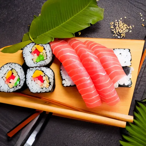 Prompt: sushi laid out on a slab of stone that is laying on a wooden table, high detail, 4k, complex