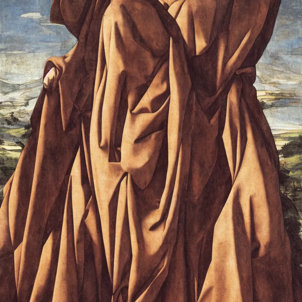 Prompt: a very detailed oil painting of the nun sainte claire wearing clarise habit, beautiful landscape background, half figure by michelangelo