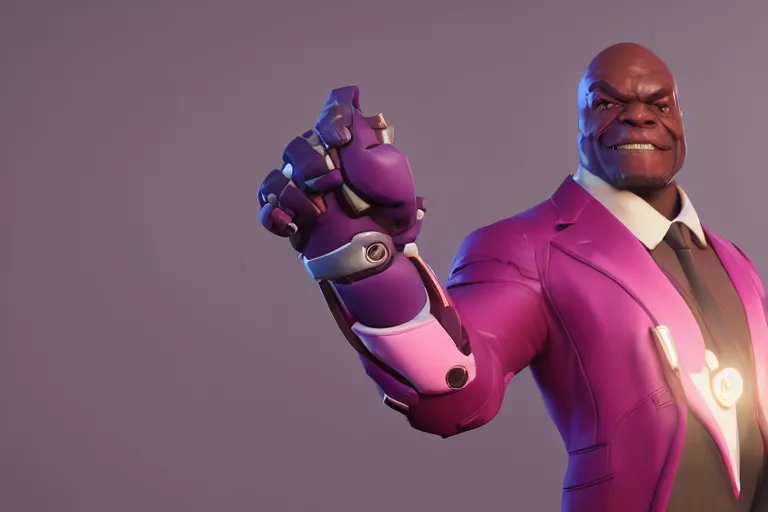 Image similar to doomfist, pink blazer, overwatch game, digital art, high detailed, unreal engine, artstation, 3 d render