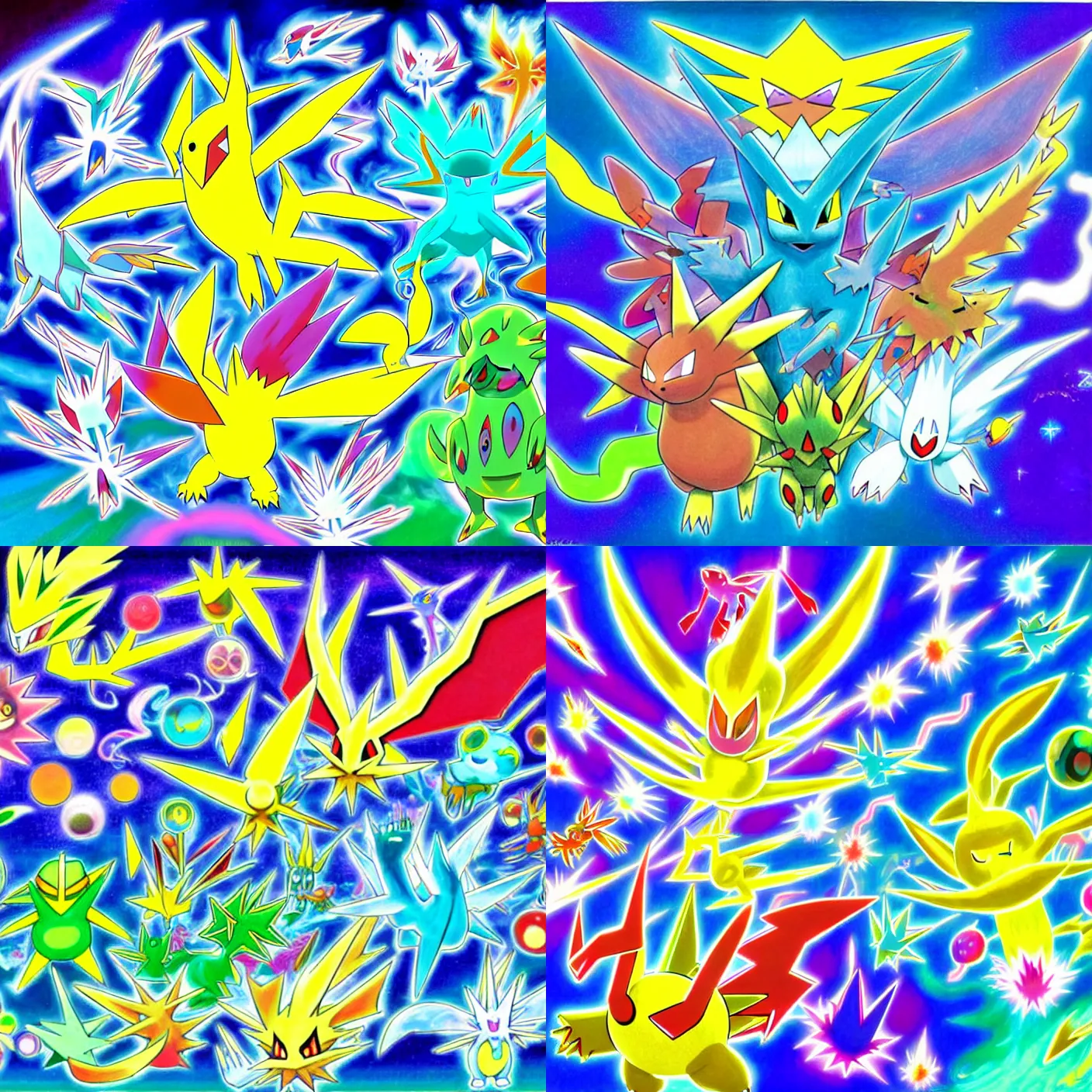 Prompt: official art of a diverse crowd of psychedelic surreal Pokémon, by Ken Sugimori and Junichi Masuda, whitespace, Bulbapedia, Pokémon logo, Articuno Zapdos Entei Suicune