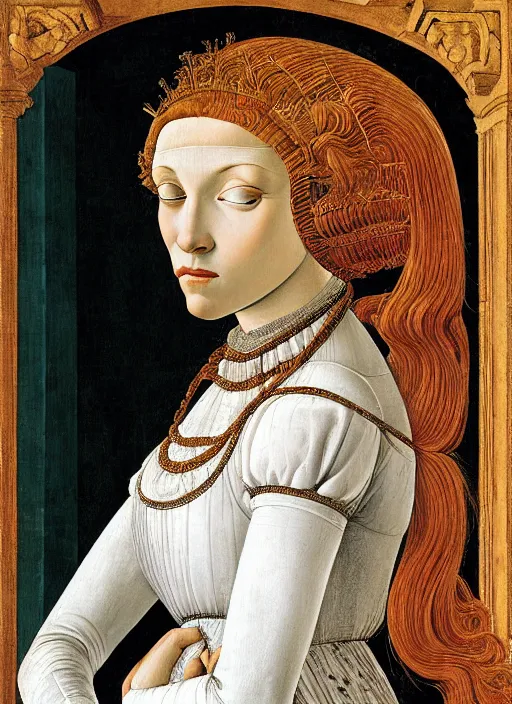 Image similar to portrait of young woman in renaissance dress and high headdress, art by sandro botticelli
