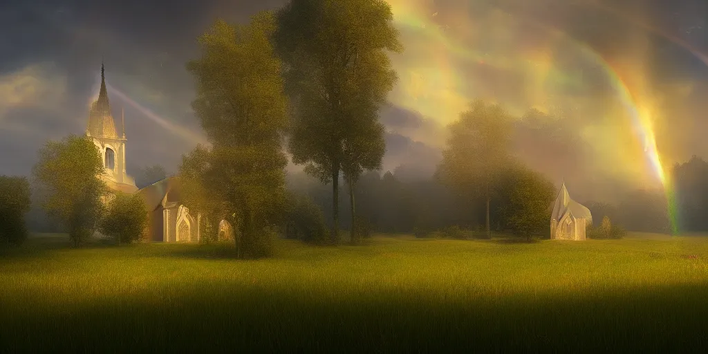 Prompt: idyllic church chapel with a steeple in a lush countryside meadow forest, rainbow across the sky, ethereal, golden swirling dust, iridescent, atmospheric, volumetric, cinematic, light breaking through clouds, greg rutkowski, wlop, otherworldly, glowing, trending on artstation, 8 k, unreal engine