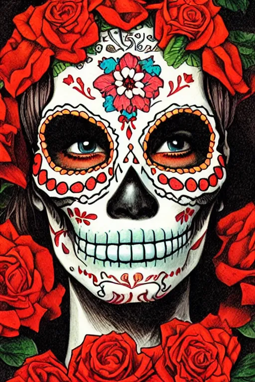 Image similar to Illustration of a sugar skull day of the dead girl, art by clyde caldwell