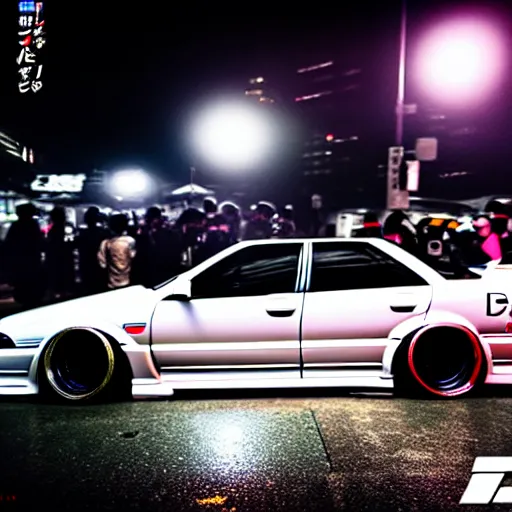 Image similar to a car JZX90 twin turbo drift at illegal car meet, Shibuya prefecture, city midnight mist lights, cinematic lighting, photorealistic, highly detailed wheels, high detail