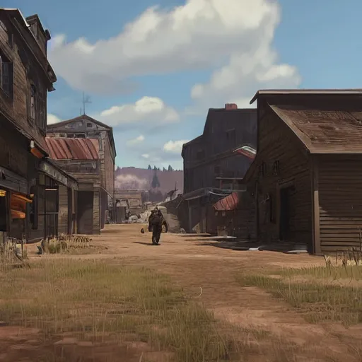 Prompt: Film still of the heavy from team fortress 2 in a town from Red Dead Redemption 2 (2018 video game), concept art