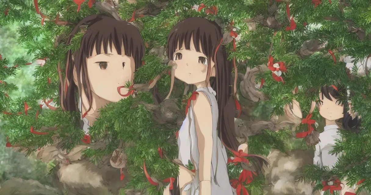 Image similar to anime girl peeking behind a bush while looking at a pack of reindeers, beautiful ambiance, studio ghibli style, by hayao miyazaki, sharp focus, very detailed, 4k