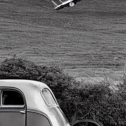 Prompt: old vintage car flyhing above the village, photograph in black and white