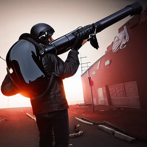 Prompt: Man wearing large black motorcycle helmet with cracked visor, red hockey pads, black snowboots, leather jacket, black leather gloves, drawstring backpack, firing a comically large minigun, in destroyed, abandoned, vibrant, suburban neighborhood. high quality, unreal engine 5 render, high quality render, octane render, photo realistic, ultra detail, cinematic lighting, realistic