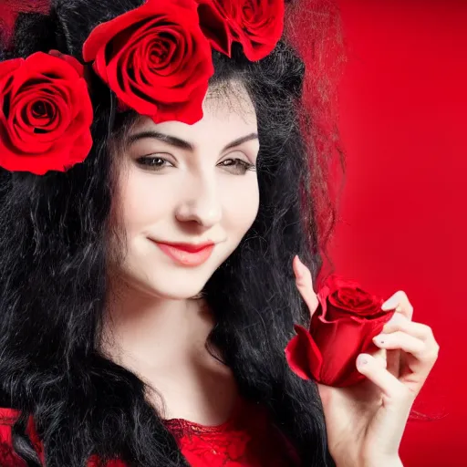 Prompt: long black haired haired woman wearing red and black clothes holding a red rose, highly detailed, 4k