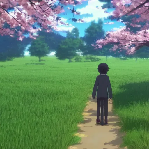 Image similar to Field full of cherry blossoms, Makoto Shinkai and Hayao Miyazaki style,