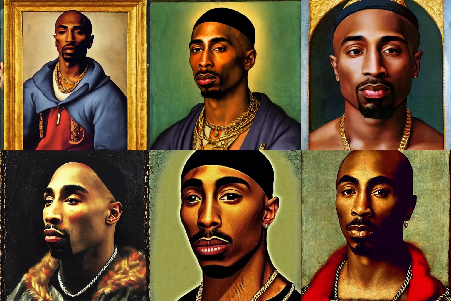 Image similar to A Renaissance portrait painting of Tupac Shakur