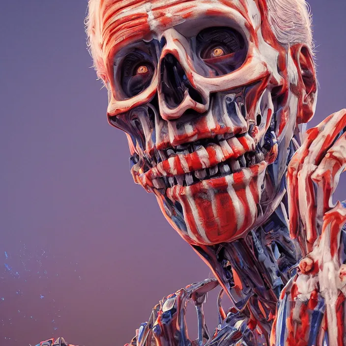 Image similar to PATRIOTIC portrait of joe biden as skeleton. burning distortions. intricate abstract. intricate artwork. by Tooth Wu, wlop, beeple, dan mumford. octane render, trending on artstation, greg rutkowski very coherent symmetrical artwork. cinematic, hyper realism, high detail, octane render, 8k, AMERICAN accents