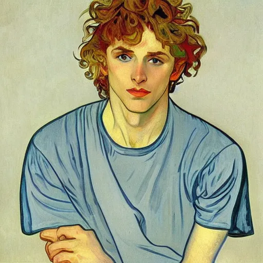 Image similar to painting of a young cute handsome beautiful strawberry blond medium wavy curly hair man in his early 2 0 s with grey - blue eyes wearing a blank t - shirt, by alphonse mucha, vincent van gogh, egon schiele