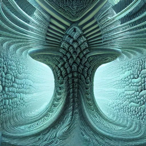Image similar to Complex alien fractal structure, 3d mandelbulb, by Zdzisław Beksiński, trending on ArtStation