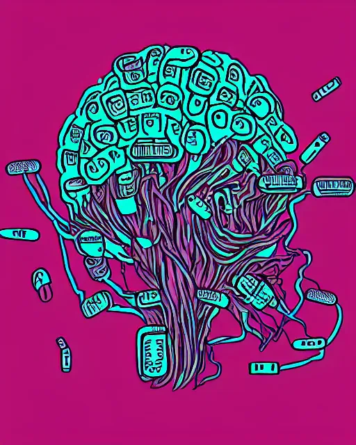 Prompt: awesome logo of a brain and mushroom and pills with dark techno. synthwave colours, in the style of spirited away, hyperrealism, lush detail, award winning, trending on behance