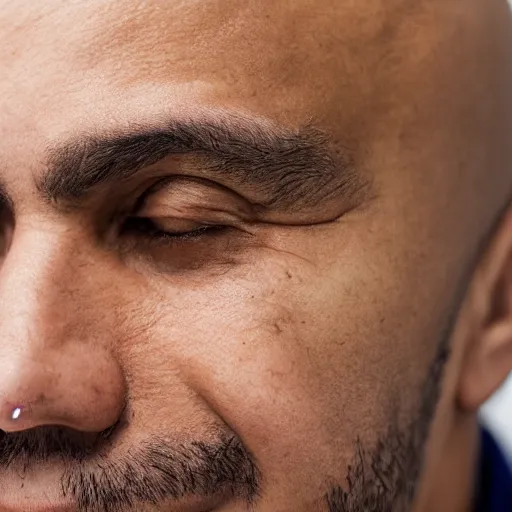 Prompt: a confidend bald brazilian man, close up