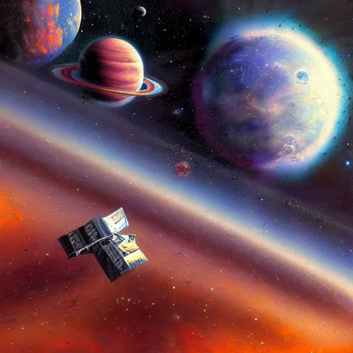 Prompt: space, nebula, planets, spacecraft, john berkey, nasa