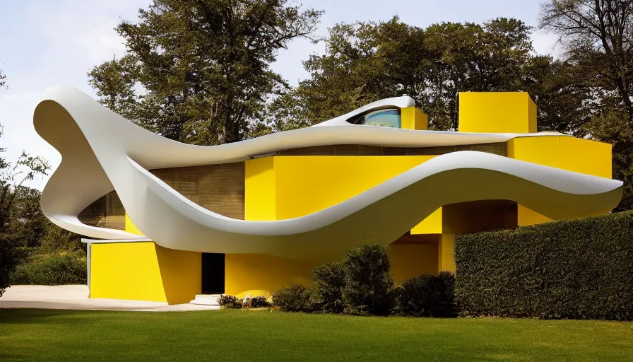 Prompt: architecture ad for a mid-century modern house designed by zaha hadid. Film grain, cinematic, colorized, yellow hue.