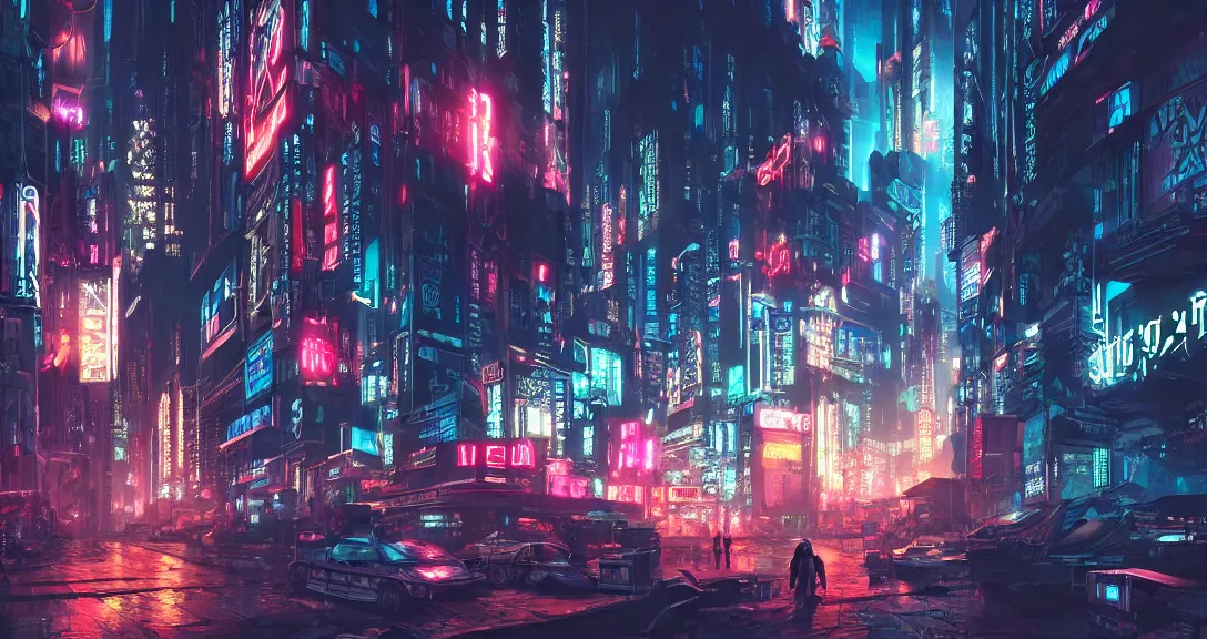 Image similar to cyberpunk city, neon signs, samurai, dark, apocalyptic, intricate, detailed, volumetric lighting, scenery, digital painting, highly detailed, artstation, sharp focus, illustration, concept art