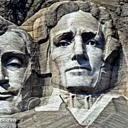 Image similar to a photo of mount rushmore after donald trump's face had been added. the photo clearly depicts the facial features of donald trump and his particular hair style carved into the stone at the mountain top, regal, pensive, powerful, just