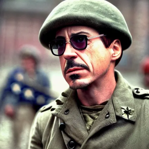 Image similar to robert downey jr as a us ww 2 soldier during the liberation of france, highly detailed, cinematic lighting, photorealistic