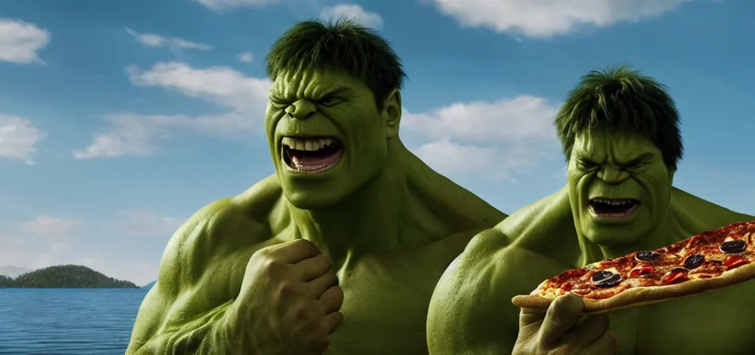 Image similar to a very high resolution image from a new movie. hulk eating pizza on a lake, photorealistic, photography, directed by wes anderson