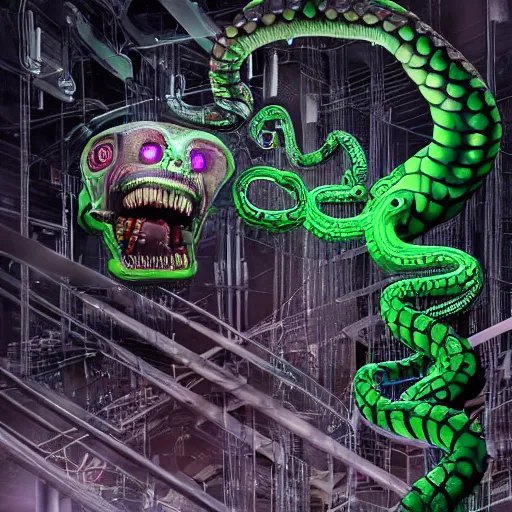 Image similar to the upper torso of a terminator gorgon medusa with borg implants and robotic snakes coming out of her head is hanging from cables and wires off the ceiling of a lab. Her bottom half is missing with cables hanging out. Tiny green led lights in her cybernetics. She is taking a sip from a cup of coffee. very detailed 8k. Horror cyberpunk style.