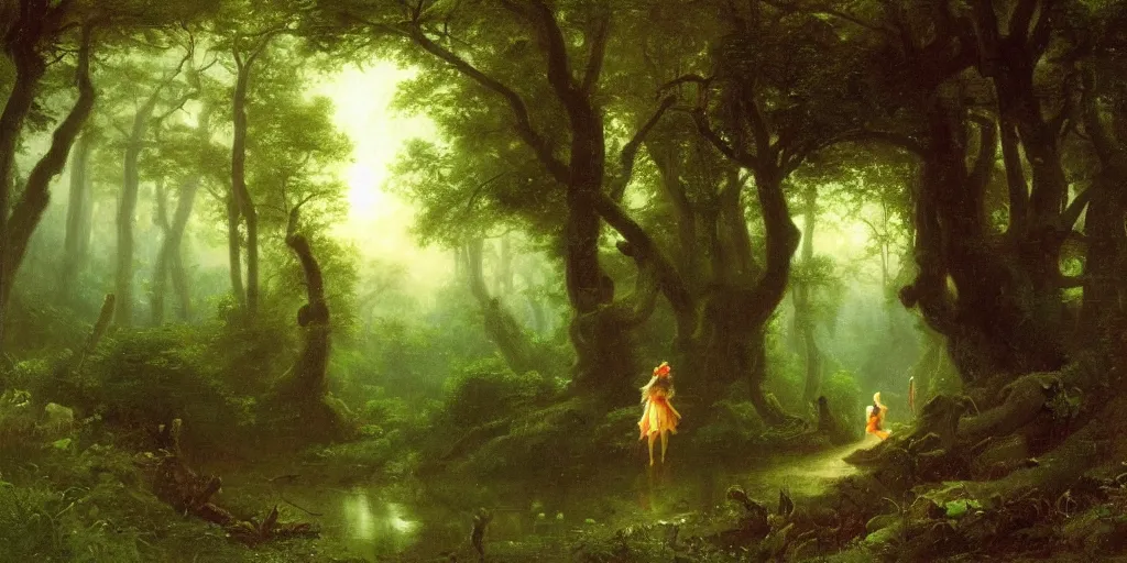 Prompt: close up of young link with fairy!!!! entering an old!!! forest temple!!! full of green trees and plants, under a gray foggy sky, oil painting by albert bierstadt