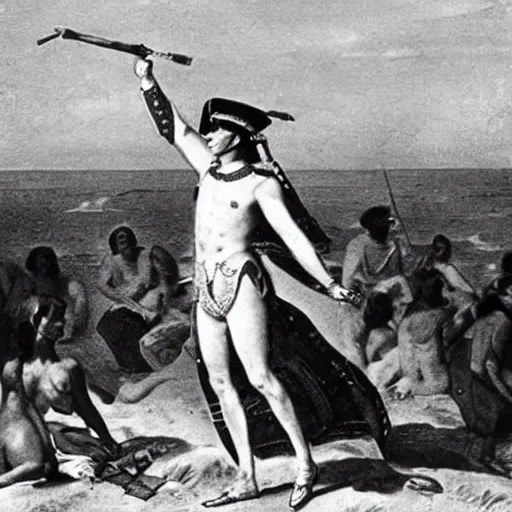 Image similar to Napoleon visiting the beach in bikini, historical black and white picture
