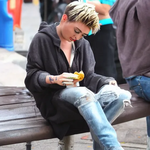 Prompt: miley cyrus sat on a bench eating cheese, thunderstorm, studio ghibli