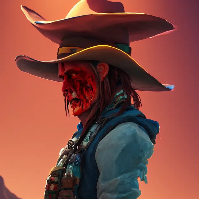 Image similar to a portrait of a bloody mysterious colorful cowboy in a mountain scenery, cartoon, unreal engine, octane render, artstation, digital art.