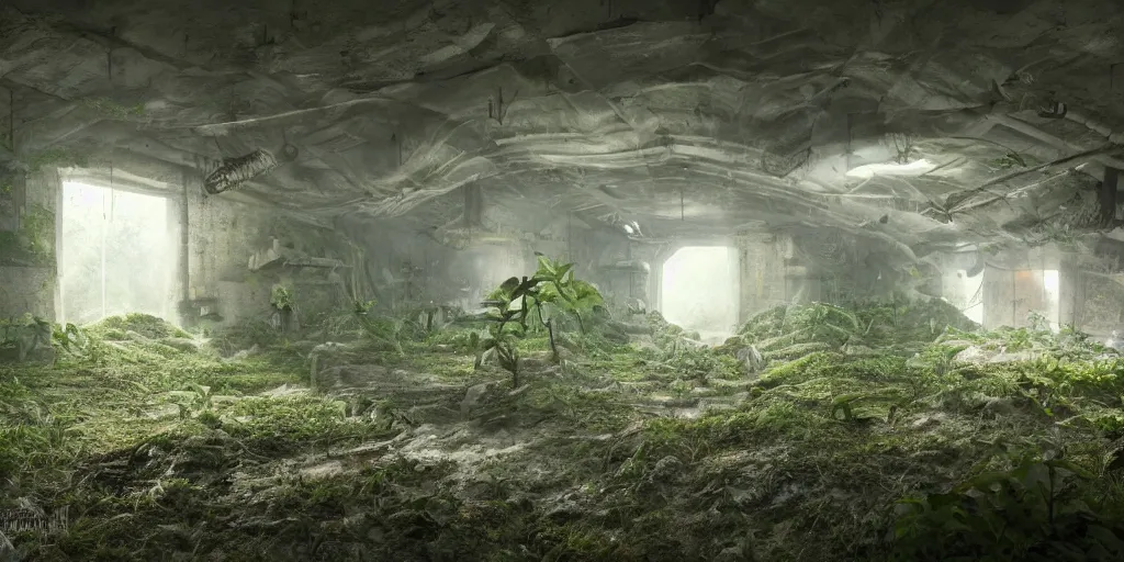 Prompt: inside a liminal fallout bunker, grown hazy overtime and overgrown with fungus, unreal render, 4k, octane, concept art, trending on artstation