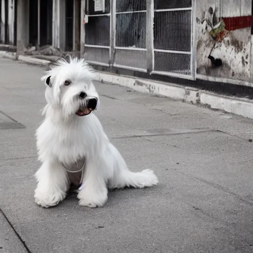 Image similar to a white schnauzer dog with spreaded wings sitting on the street of an abandoned dystopic city, hyprrealism, 5 5 mm photo