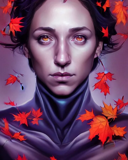 Image similar to beautiful stella maeve magician, black magic spells, in the style of joshua middleton, rafeal albuquerque comicbook cover art, phil noto, creepy pose, spooky, symmetrical face and body, volumetric lighting, cinematic lighting, detailed realistic symmetrical eyes, insanely detailed and intricate elegant, autumn leaves, artgerm