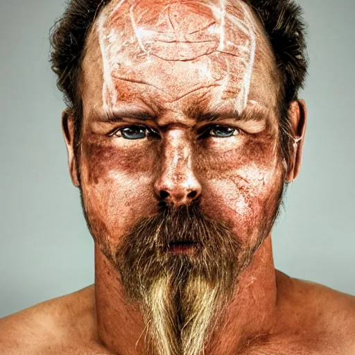 Prompt: a man with 2 horns protruding out of his forehead which curve back, one is broken at a quarter of the length of the other. he has red skin, golden eyes and a black beard