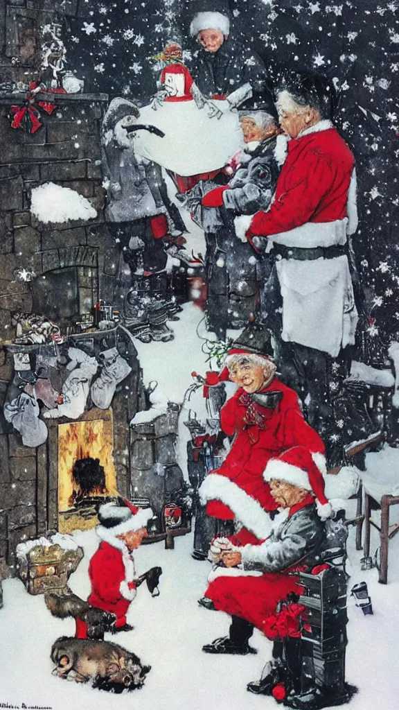 Image similar to christmas card by Banksy and Norman Rockwell