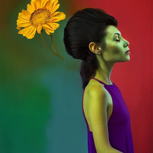 Image similar to huge flower as head, woman standing in a luxury apartment, surreal photography, dramatic light, impressionist painting, digital painting, artstation, georgia o'keeffe