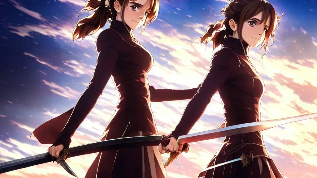 Image similar to a very detailed key visual of emma watson, demon slayer, ufotable, high quality, artgerm, action, on a street, night, fate stay night, unlimited blade works, greg rutkowski, high resolution, dynamic pose, landscape, medium portrait, samurai outfit, action, hyper realistic, anime, koyoharu gotouge, sakuga