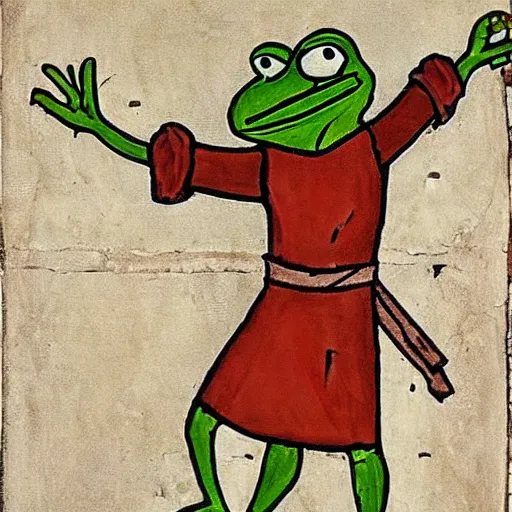 Image similar to pepe the frog in the raising of lazarus, style of michaelangelo