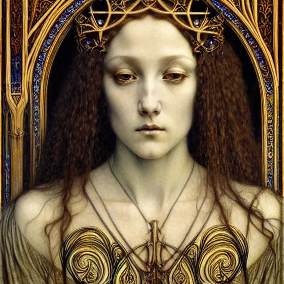 Image similar to detailed realistic beautiful young medieval queen face portrait by jean delville, gustave dore and marco mazzoni, art nouveau, symbolist, visionary, gothic, pre - raphaelite. horizontal symmetry