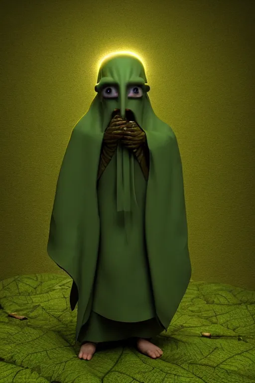 Image similar to A cute shaman with no nose, glowing eyes and a very long hooded dark green cloak of leaves by Julien Kaspar, 3D render, stylized, Cycles Render