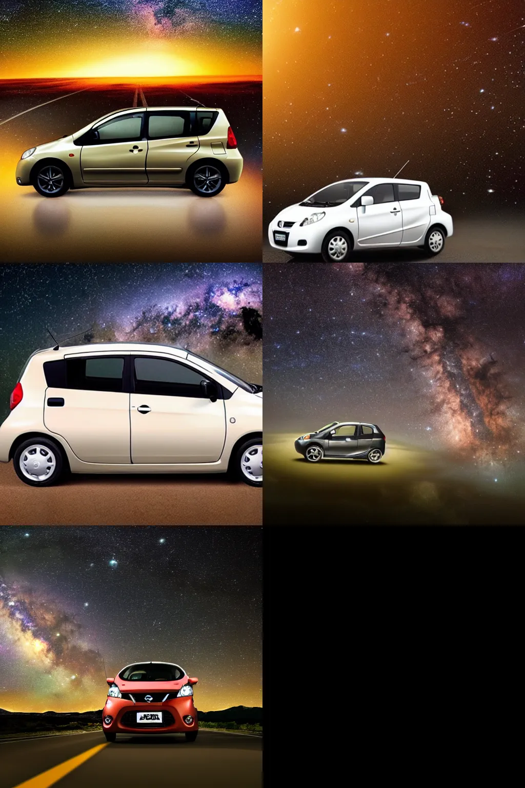 Prompt: a 2014 nissan March floating in the milky way galaxy