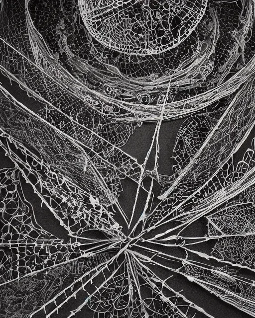 Image similar to orbital space station, made of intricate decorative lace leaf skeleton, shot from a drone, in the style of the dutch masters and gregory crewdson, dark and moody