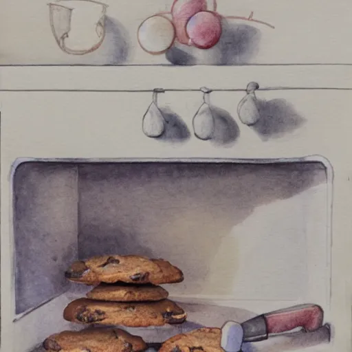 Prompt: a rabbit baking cookies in a kitchen, watercolour realism