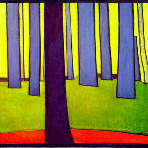 Prompt: a painting of trees with a yellow background, an art deco painting by mondrian, featured on pixiv, synthetism, fauvism, creative commons attribution, academic art