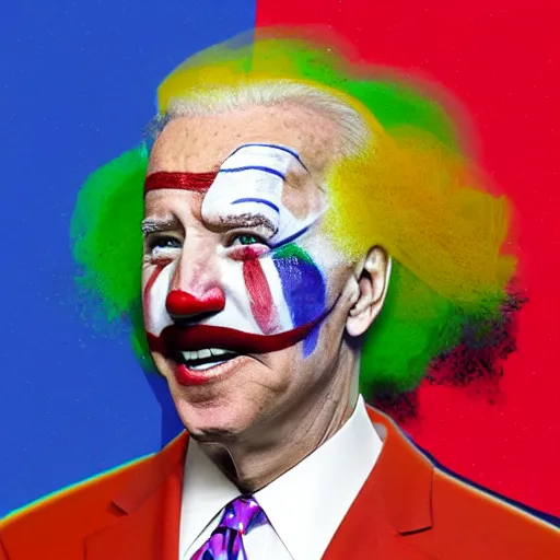 Prompt: Joe Biden with colorful clown makeup all over his face